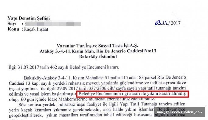 BAKIRKÖYSPOR VAKFINA AİT KAÇAK TESİSLERE YIKIM KARARI